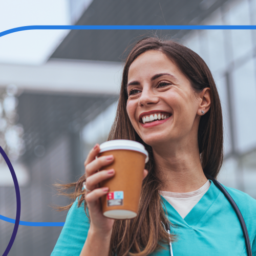 smiling CRNA enjoying a coffee break outdoors in scrubs, representing work-life balance for nurse anesthetists