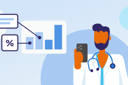 Illustration of a healthcare provider holding a smartphone next to data charts and metrics.