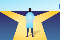 Physician stands at a crossroads choosing between two paths, representing the decision between permanent and locum tenens careers.