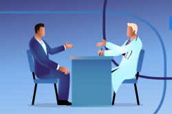 Job candidate discussing interview questions with healthcare recruiter at desk