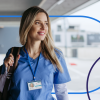 confident CRNA in scrubs walking with a bag, highlighting a typical day in the life of a certified registered nurse anesthetist