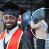 Smiling graduate in cap and gown at an outdoor graduation ceremony with peers in the background