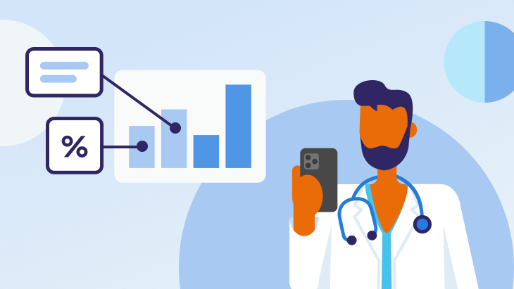 Illustration of a healthcare provider holding a smartphone next to data charts and metrics.