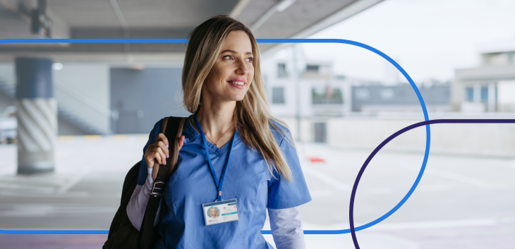 confident CRNA in scrubs walking with a bag, highlighting a typical day in the life of a certified registered nurse anesthetist