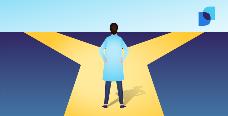 Physician stands at a crossroads choosing between two paths, representing the decision between permanent and locum tenens careers.