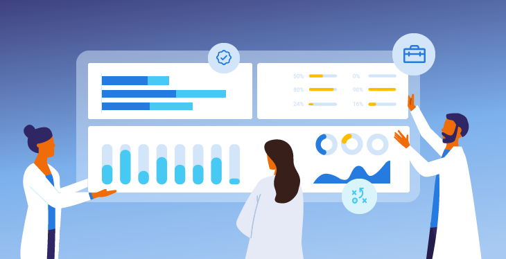 Healthcare professionals analyzing medical data and trends on interactive dashboards — representing insights for physicians, healthcare providers, and market trends.