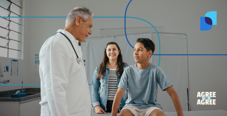 Physician speaks with teenage patient and parent in a clinic exam room; ‘AGREE TO AGREE’ graphic in the corner.