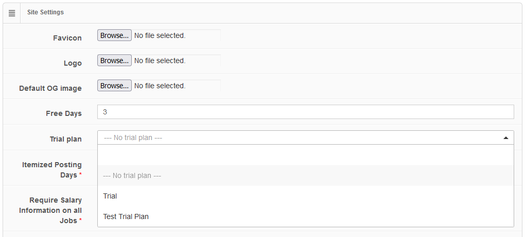 Trial Plan Site Settings Example Shown