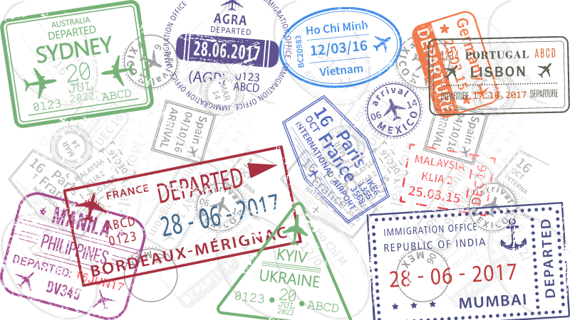 a collage of passport departure stamp graphics