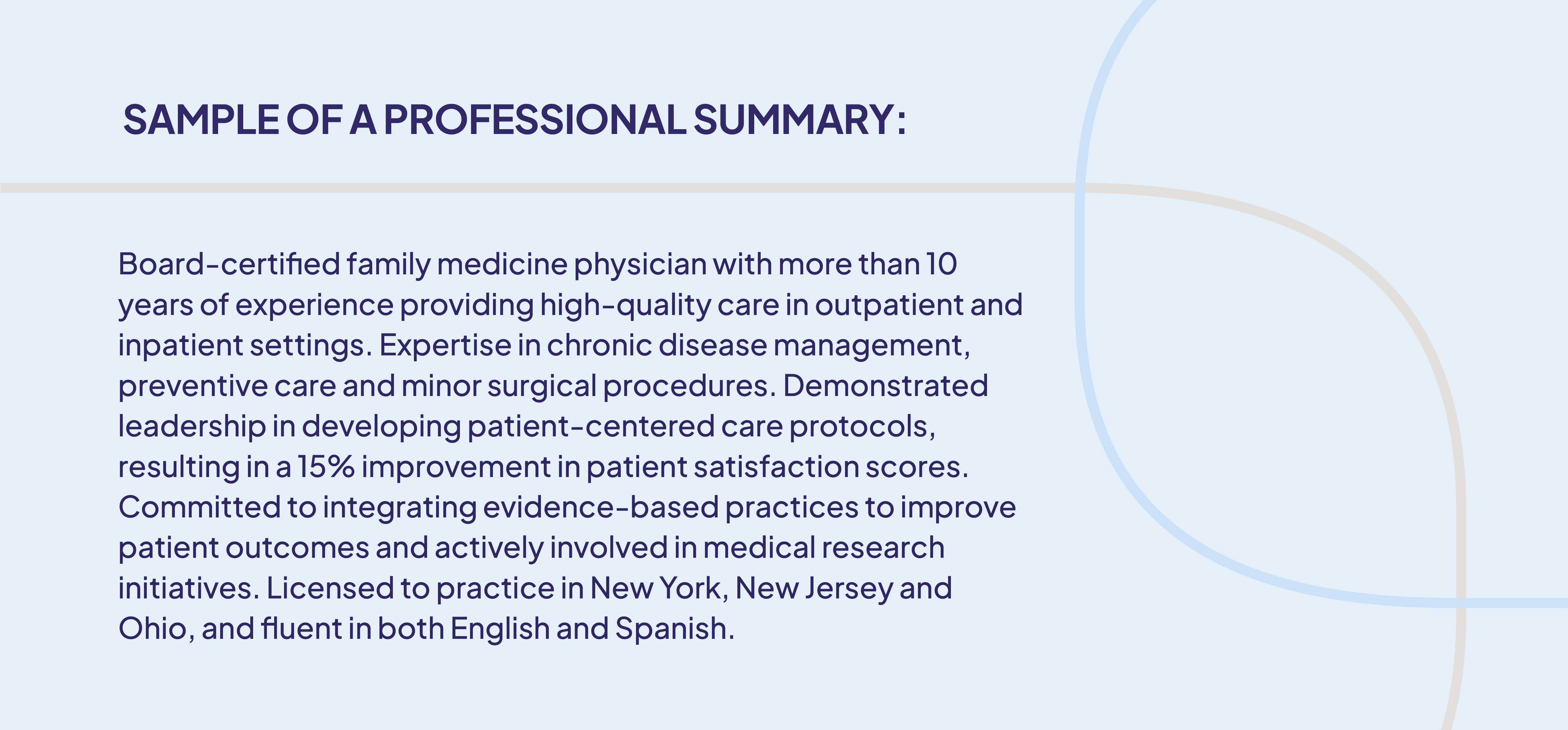 Sample professional summary for a board-certified family medicine physician highlighting expertise in outpatient and inpatient care, chronic disease management, minor surgical procedures, leadership in patient-centered protocols, and fluency in English and Spanish. Includes details on improving patient satisfaction and evidence-based practices