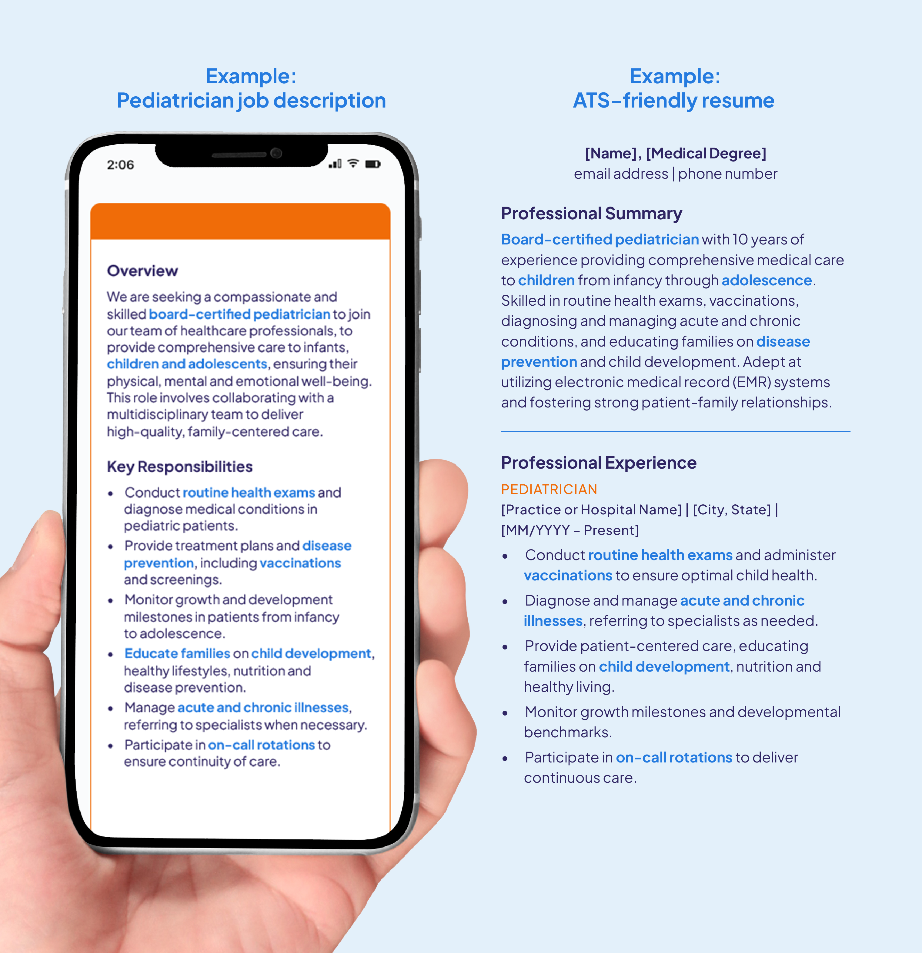 ATS-friendly pediatrician resume example vs pediatrician job description side-by-side comparison showing how to match keywords like routine health exams, disease prevention, child development, and on-call rotations for better job application results