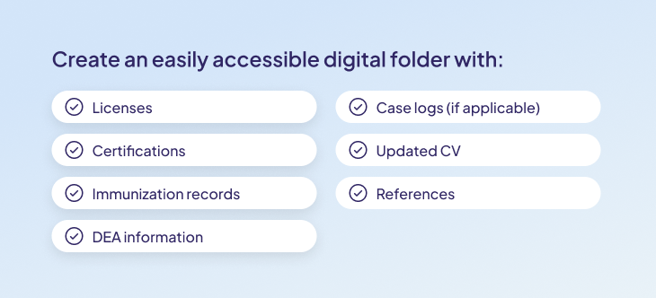 Checklist outlining essential documents healthcare professionals should organize in an accessible digital folder to streamline locum tenens credentialing and onboarding, including licenses, certifications, immunization records, DEA information, case logs, CV and references.