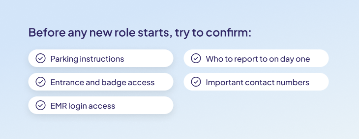 Pre-assignment checklist highlighting key details locum tenens clinicians should confirm before starting a new role, including facility access, parking, EMR credentials, reporting instructions and important contacts.