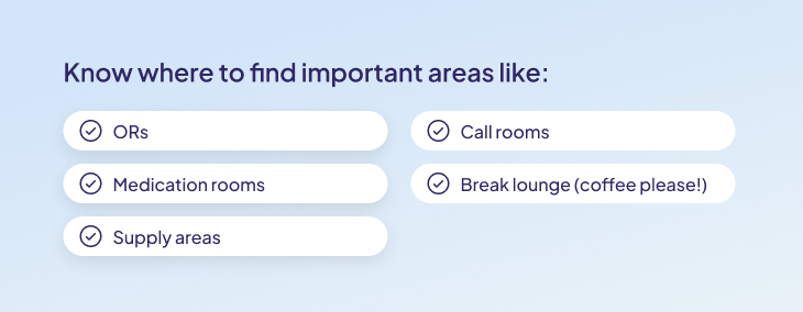 Healthcare facility orientation checklist outlining important areas locum tenens clinicians should locate before starting an assignment, including operating rooms, medication and supply areas, call rooms and staff break spaces.