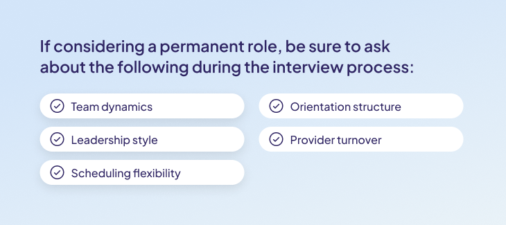 Interview checklist highlighting key questions healthcare professionals should ask when considering a permanent role, including workplace culture, leadership, scheduling flexibility, orientation and provider turnover.